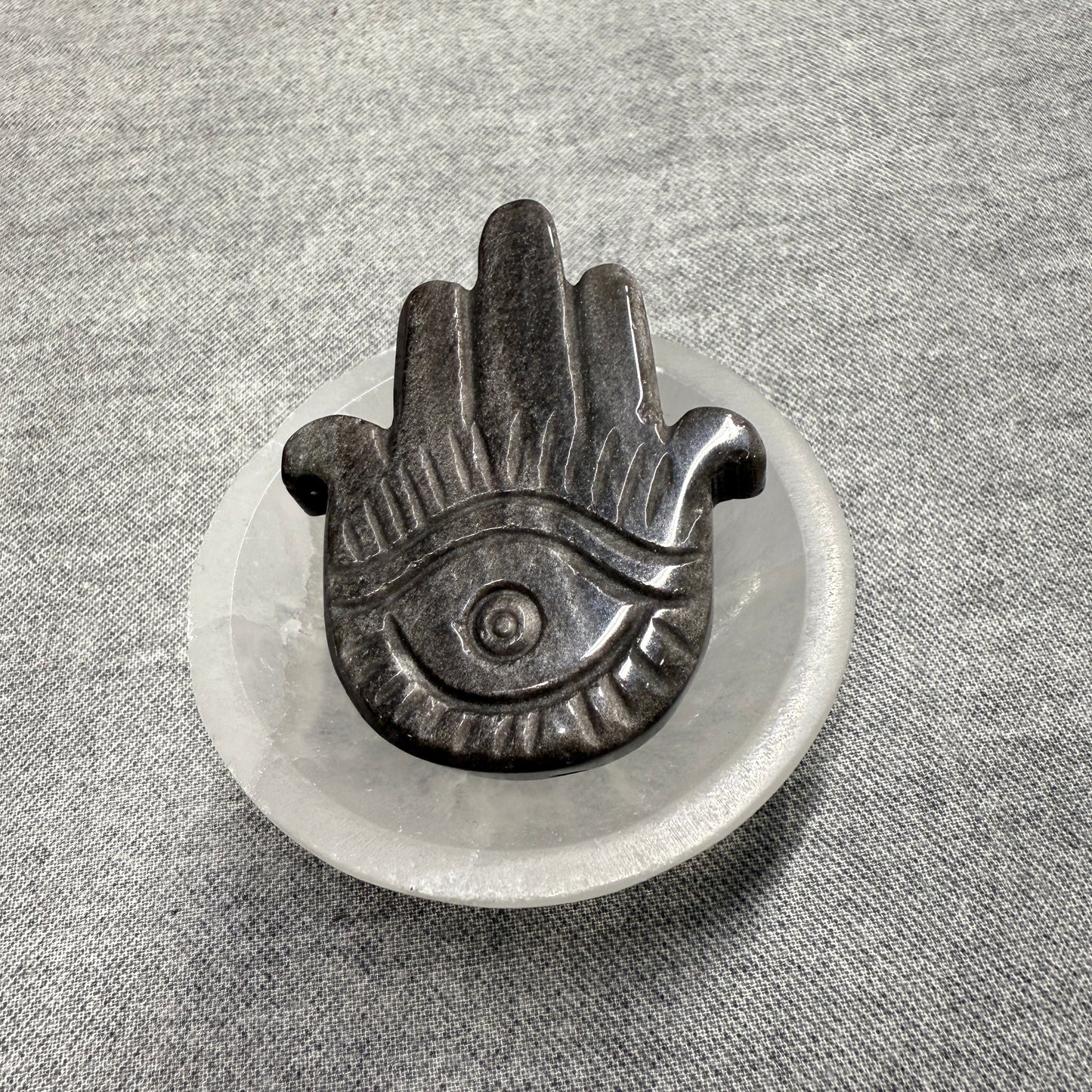 Silver Sheen Obsidian Hamsa Hand Carving