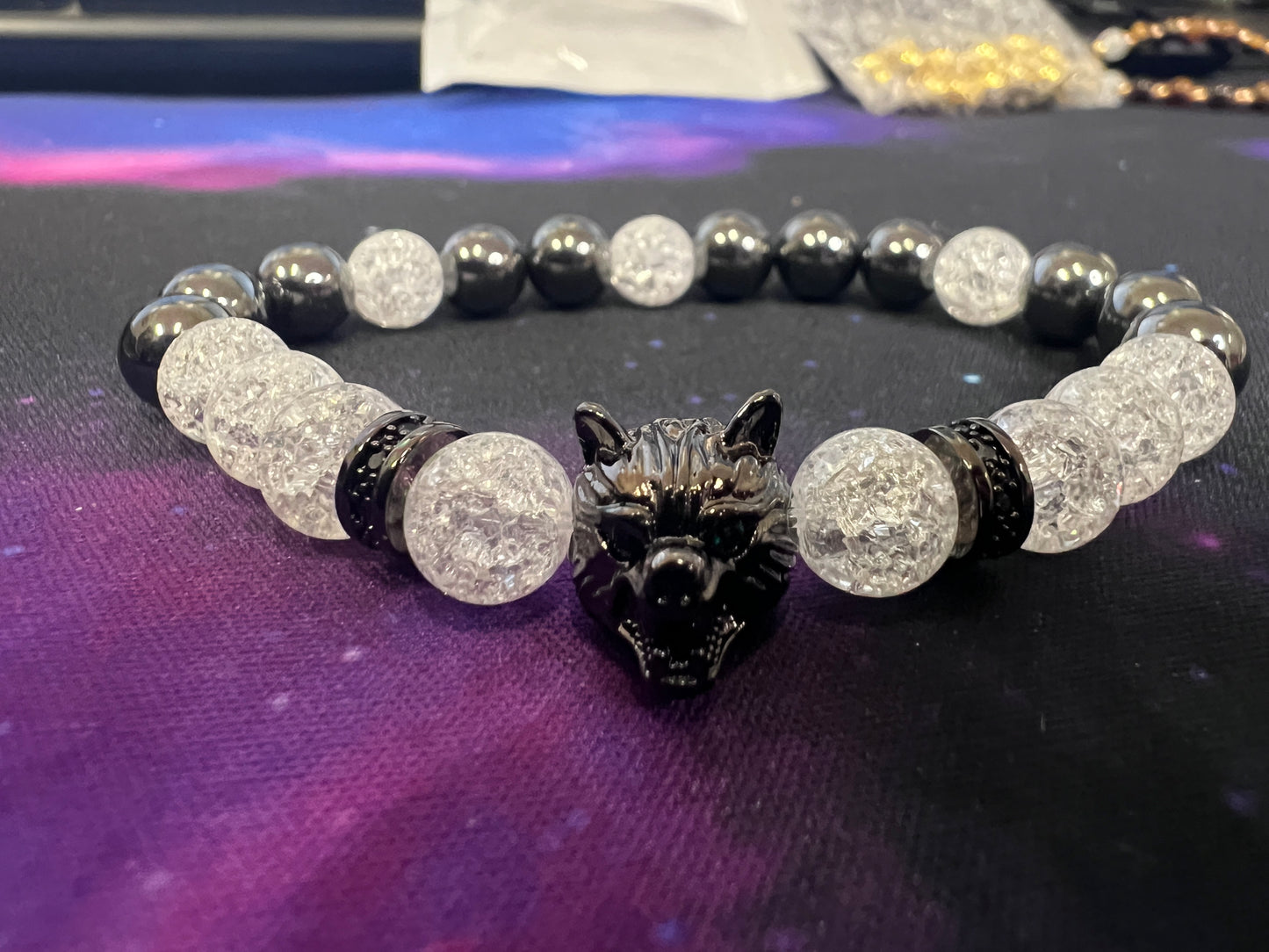 Crackle Quartz and Hematite Wolf Bracelet