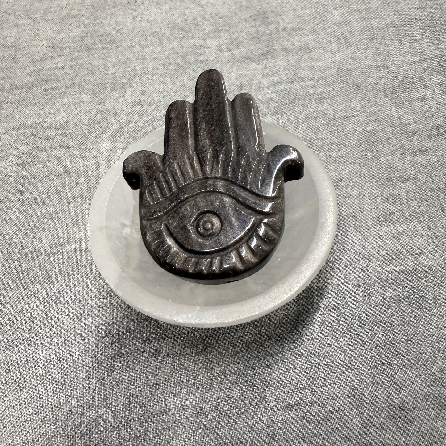 Silver Sheen Obsidian Hamsa Hand Carving