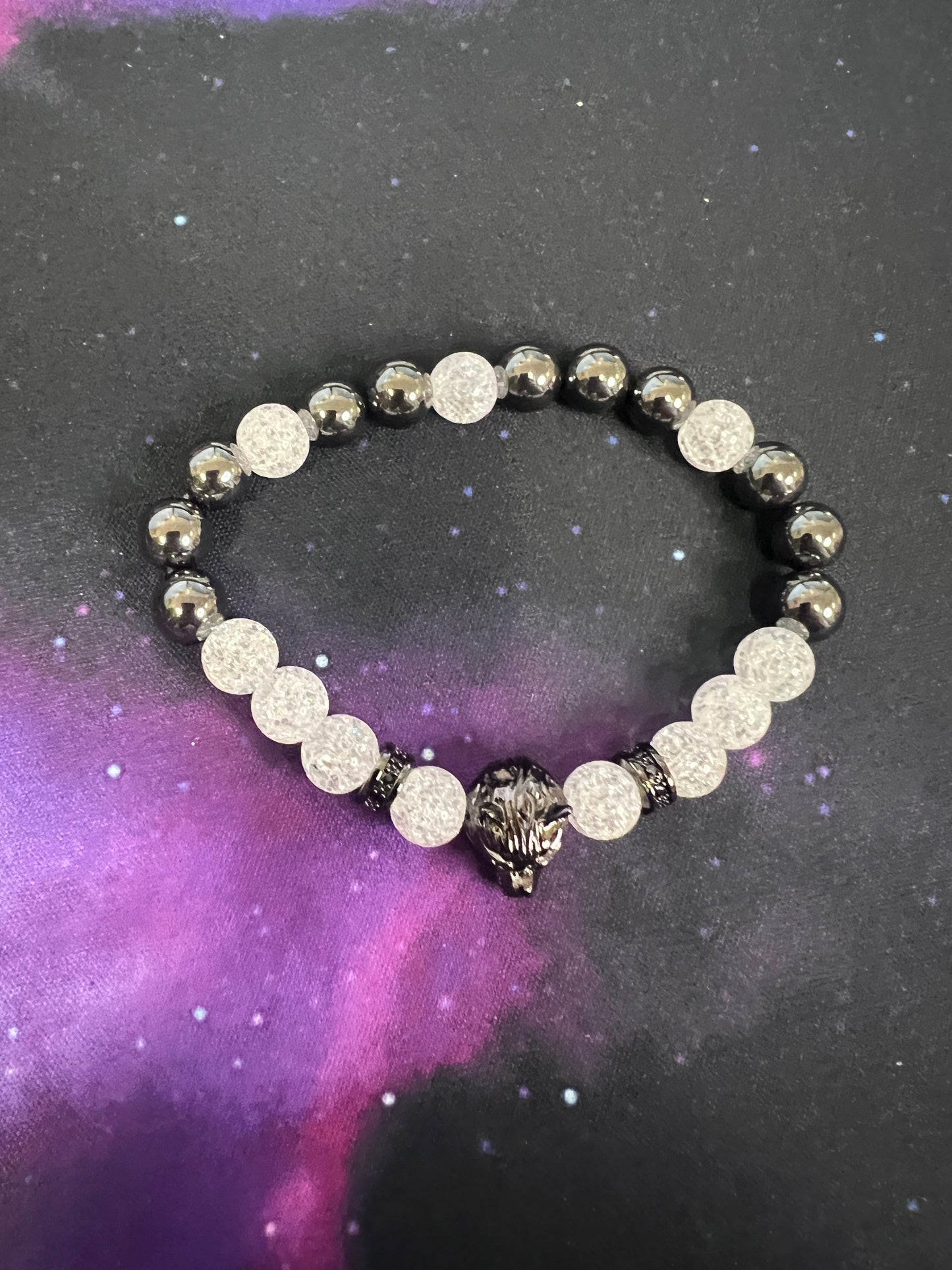 Crackle Quartz and Hematite Wolf Bracelet