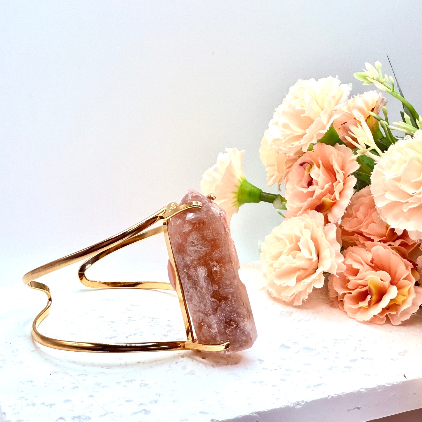 Pink Amethyst Point Cuff Bracelet Gold Plated