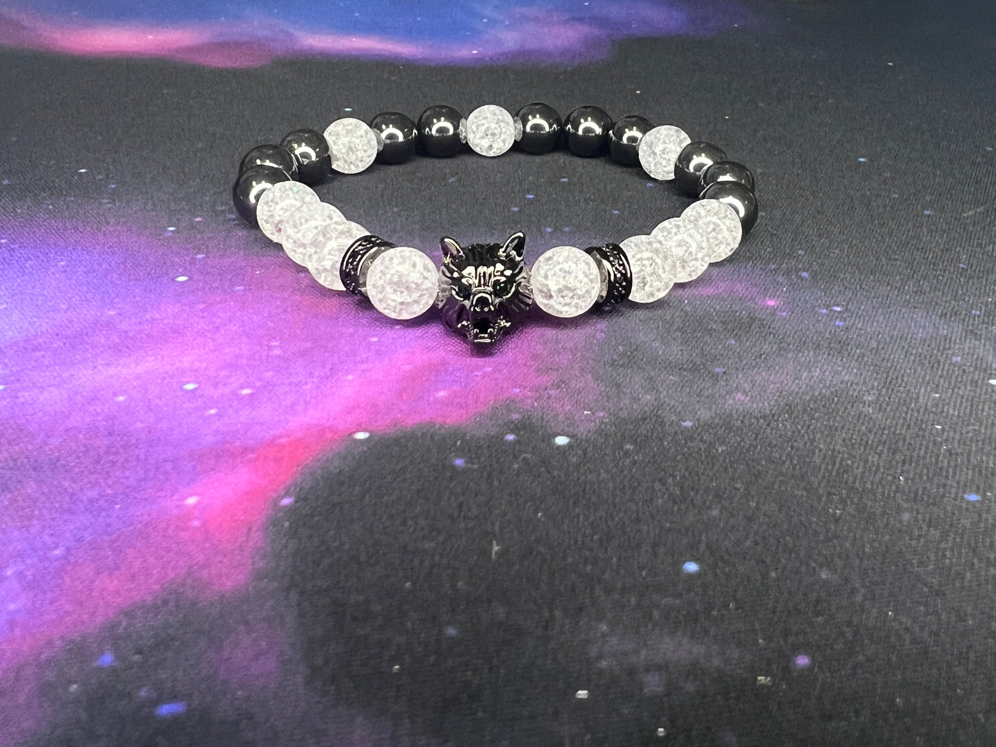 Crackle Quartz and Hematite Wolf Bracelet