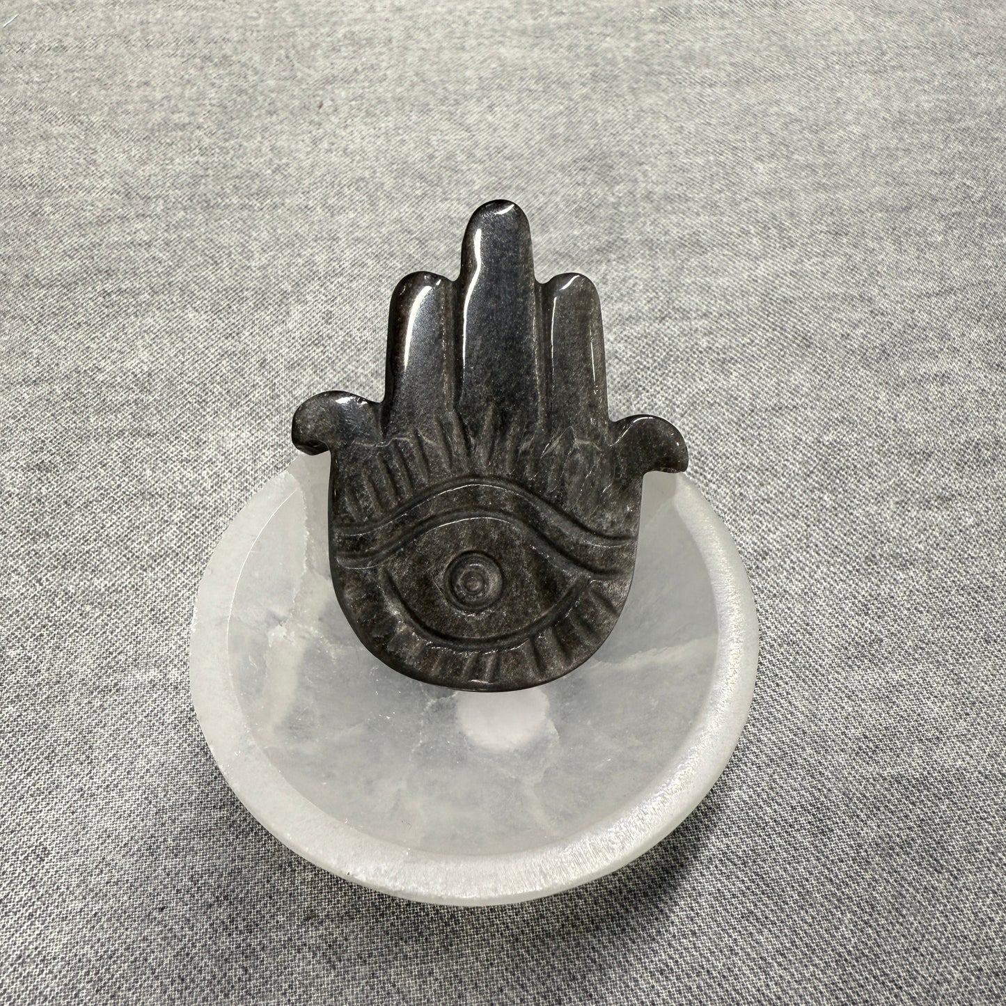 Silver Sheen Obsidian Hamsa Hand Carving