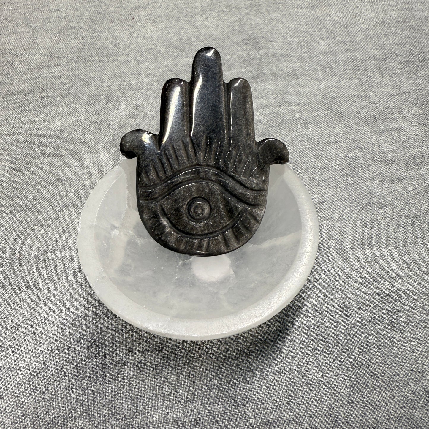Silver Sheen Obsidian Hamsa Hand Carving