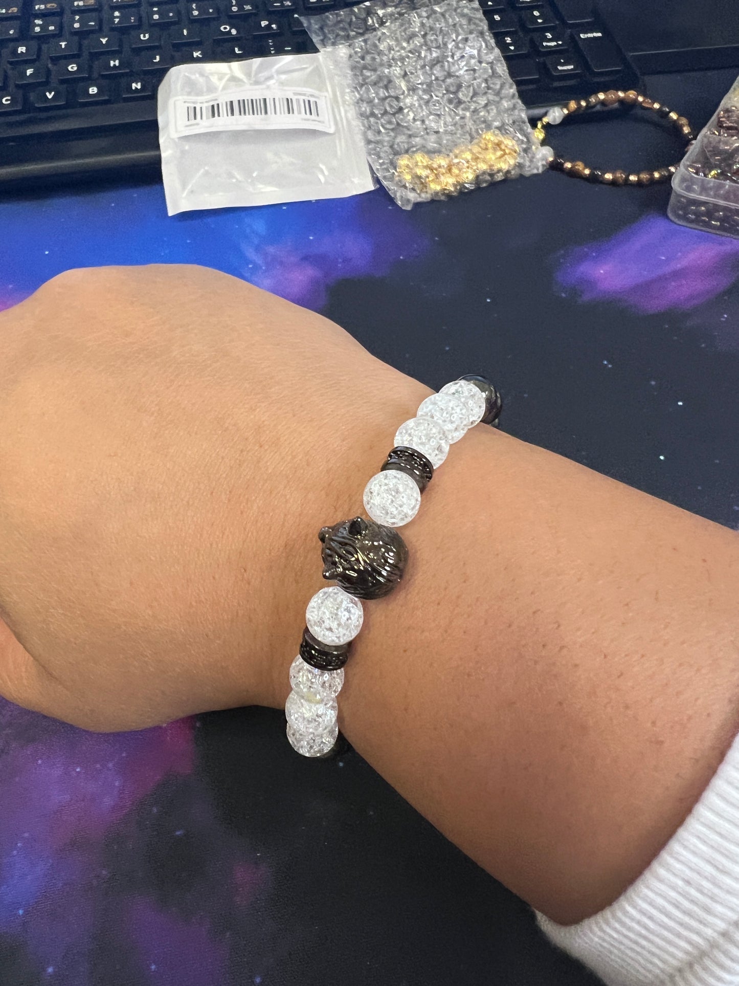 Crackle Quartz and Hematite Wolf Bracelet