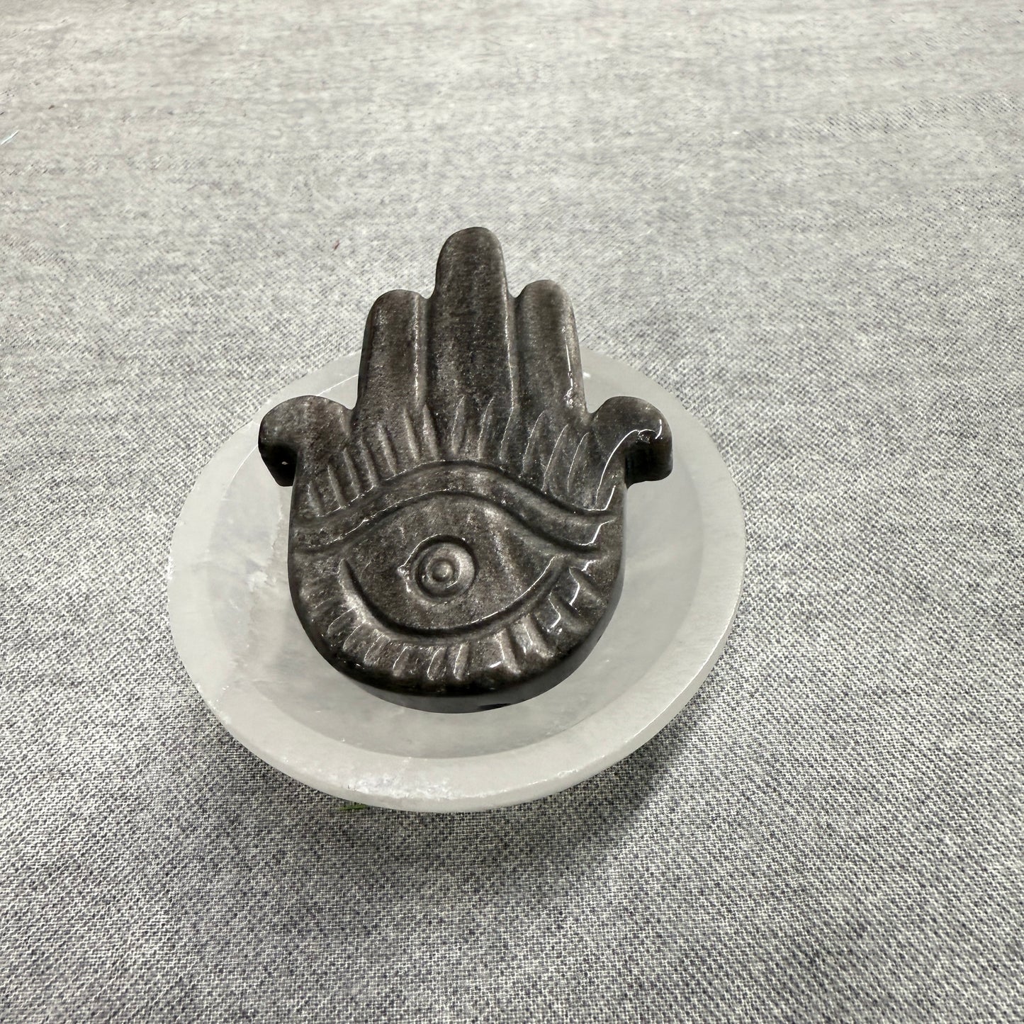 Silver Sheen Obsidian Hamsa Hand Carving