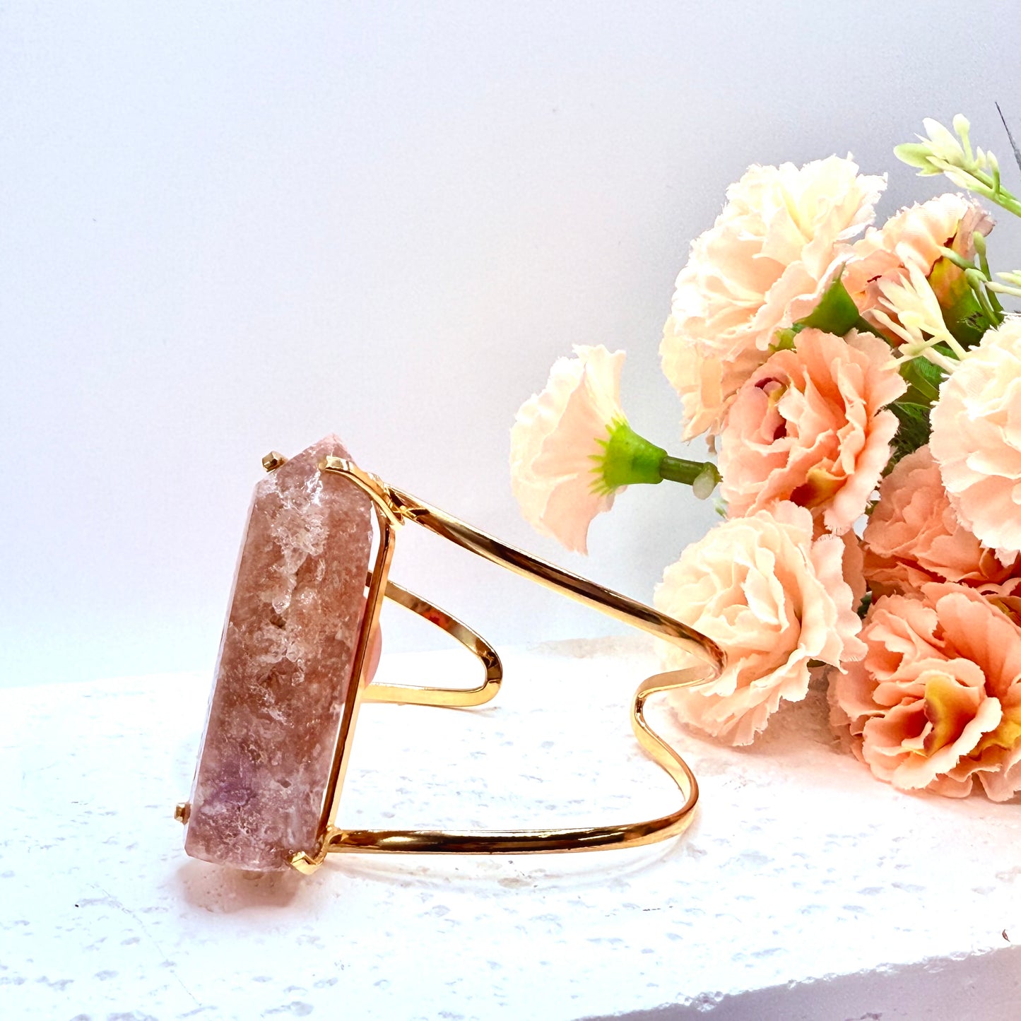 Pink Amethyst Point Cuff Bracelet Gold Plated