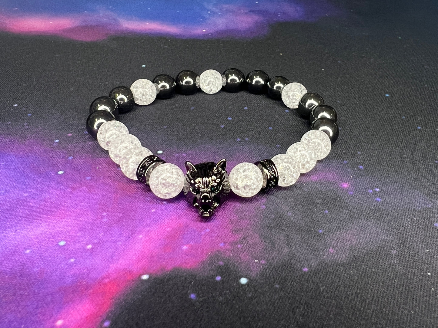 Crackle Quartz and Hematite Wolf Bracelet