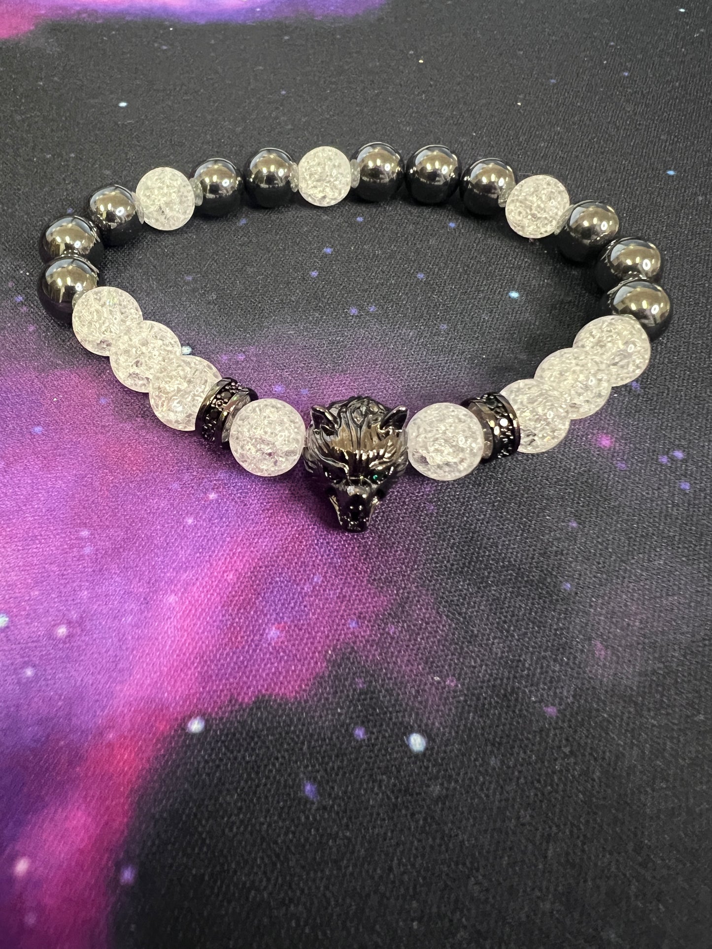 Crackle Quartz and Hematite Wolf Bracelet