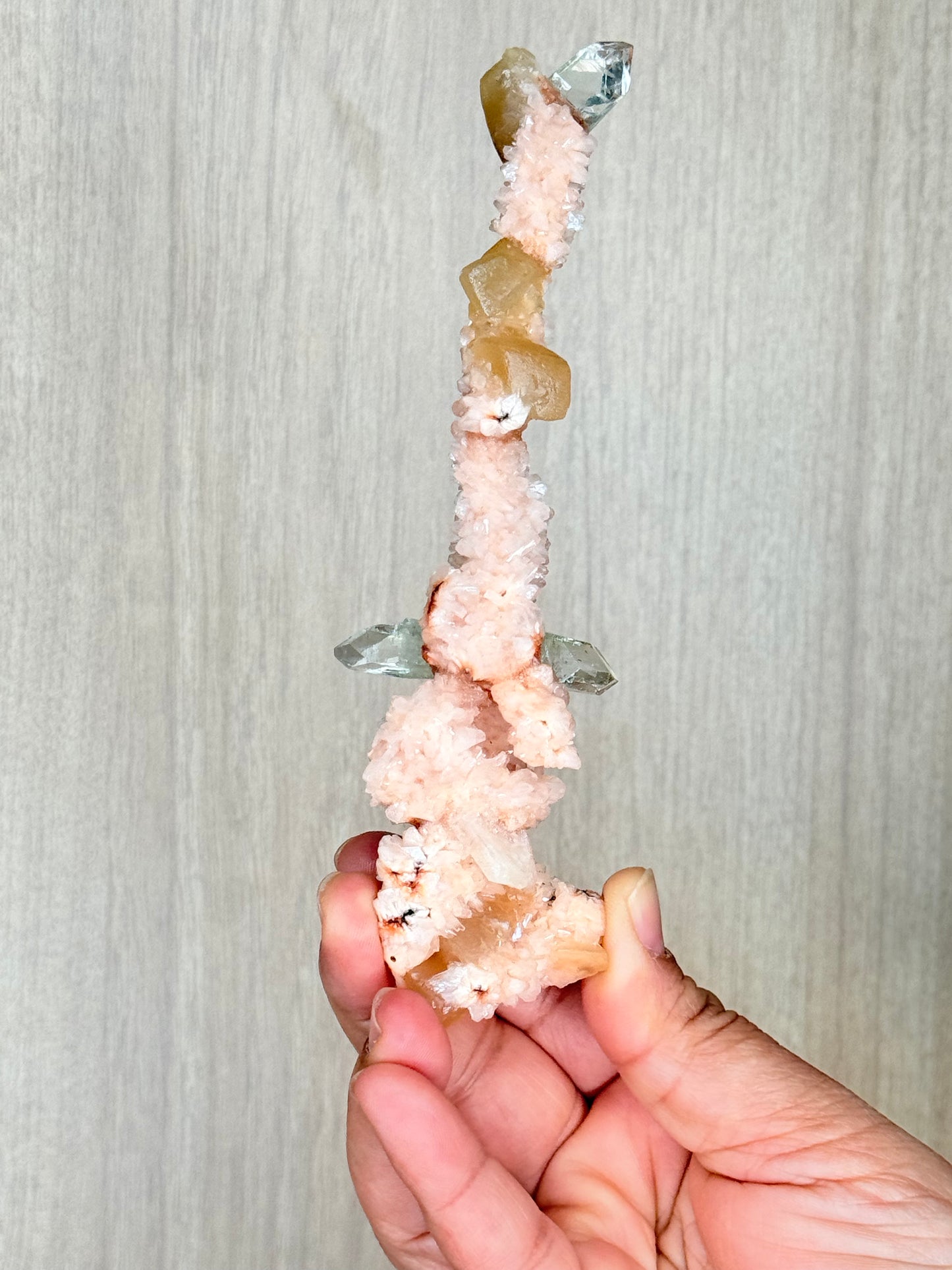 šPeach Heulandite Stalactites with Green Apophyllite ā Rare Zeolite Specimen from Maharashtra, India