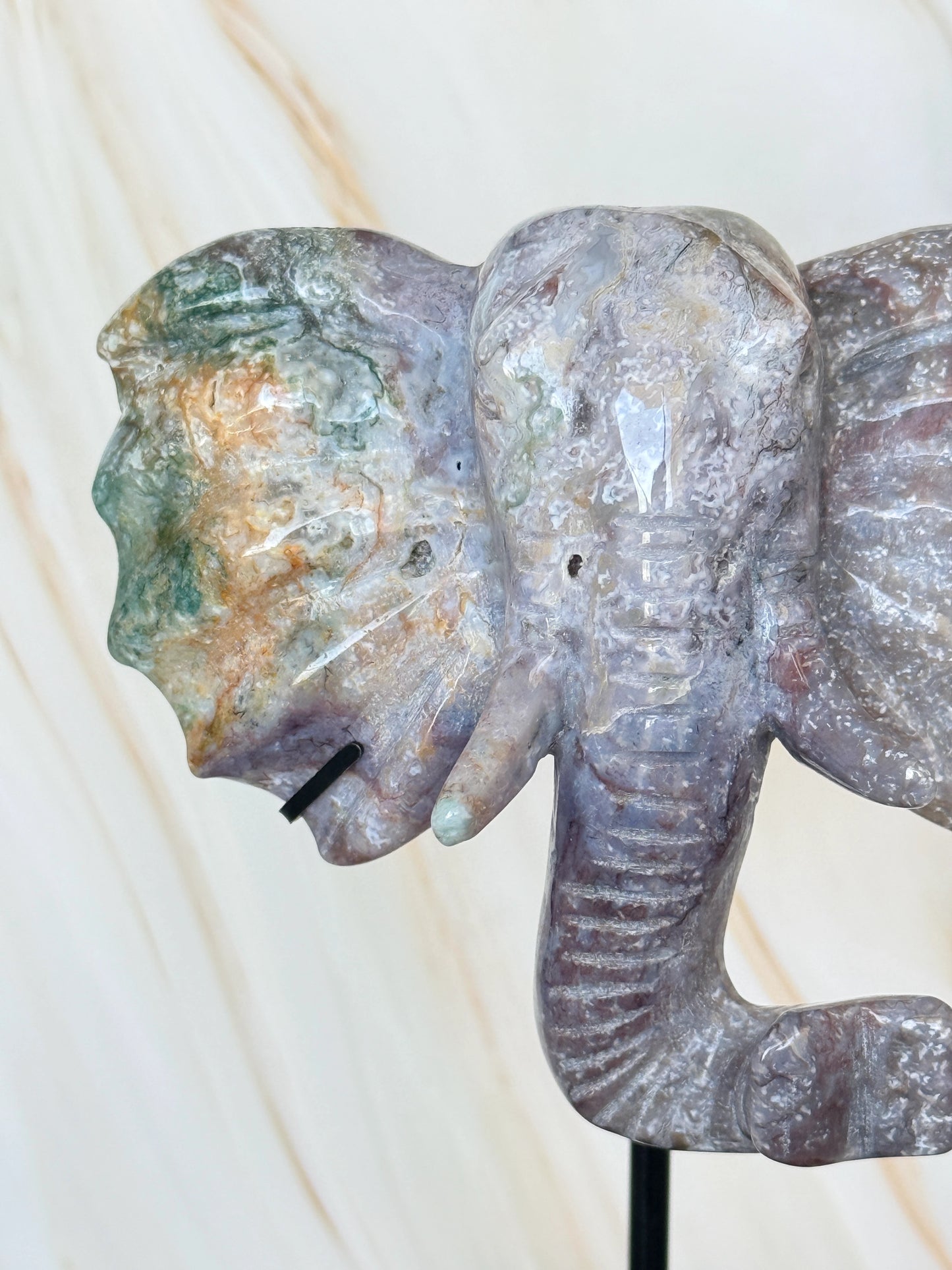Ocean Jasper & Moss Agate Elephant Head Crystal Carving on Stand | Wisdom & Luck Sculpture