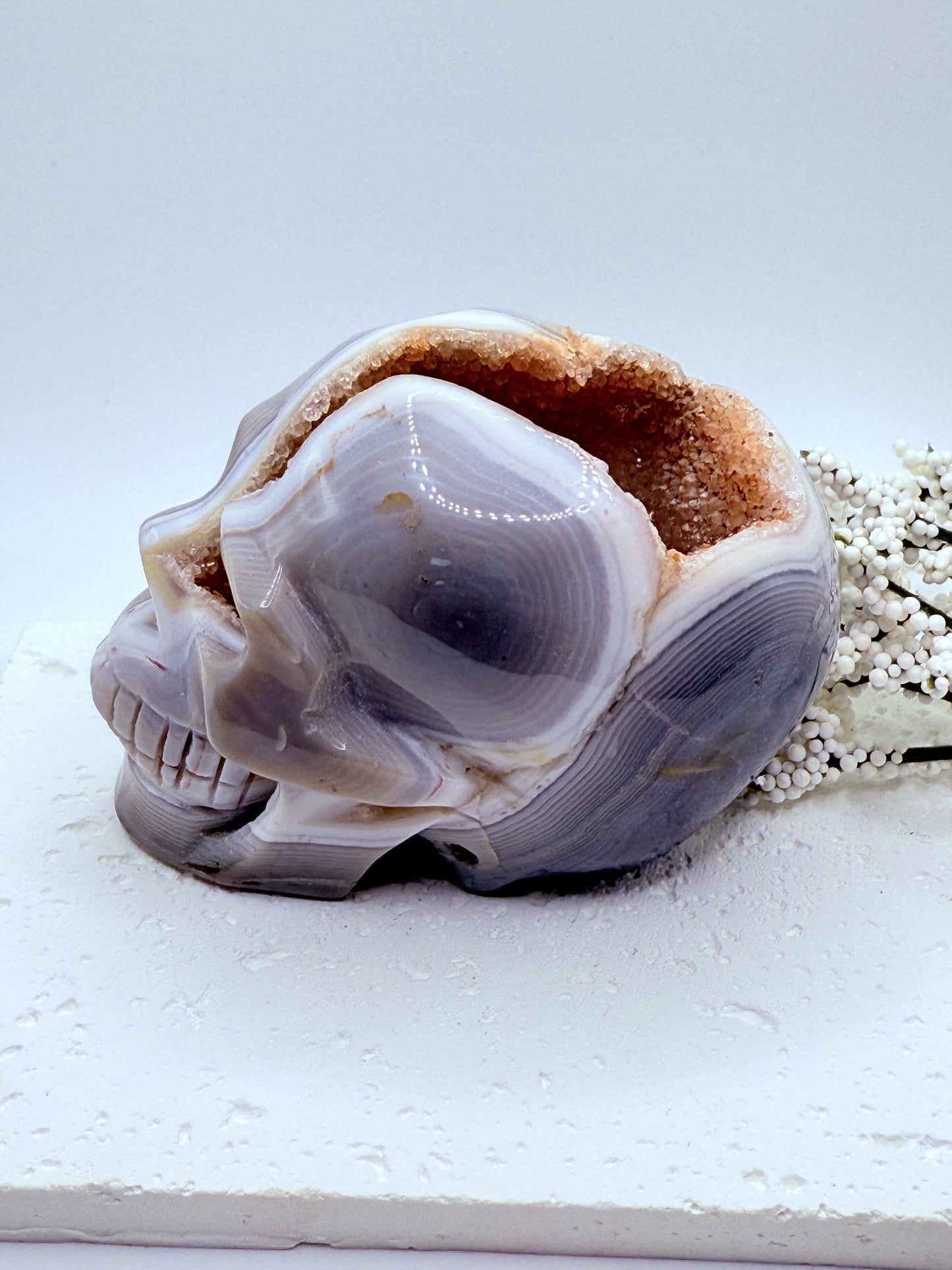 Hand Carved Gray Agate Skull Carving with Druzy