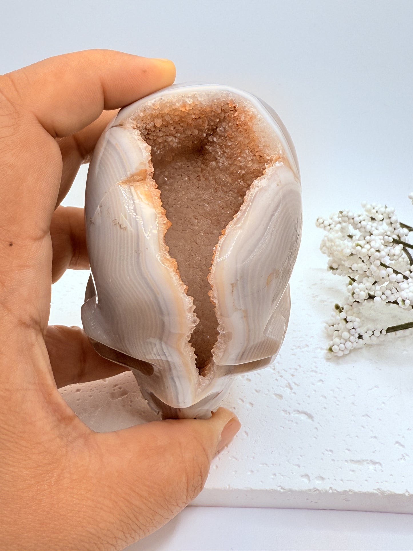 Hand Carved Gray Agate Skull Carving with Druzy