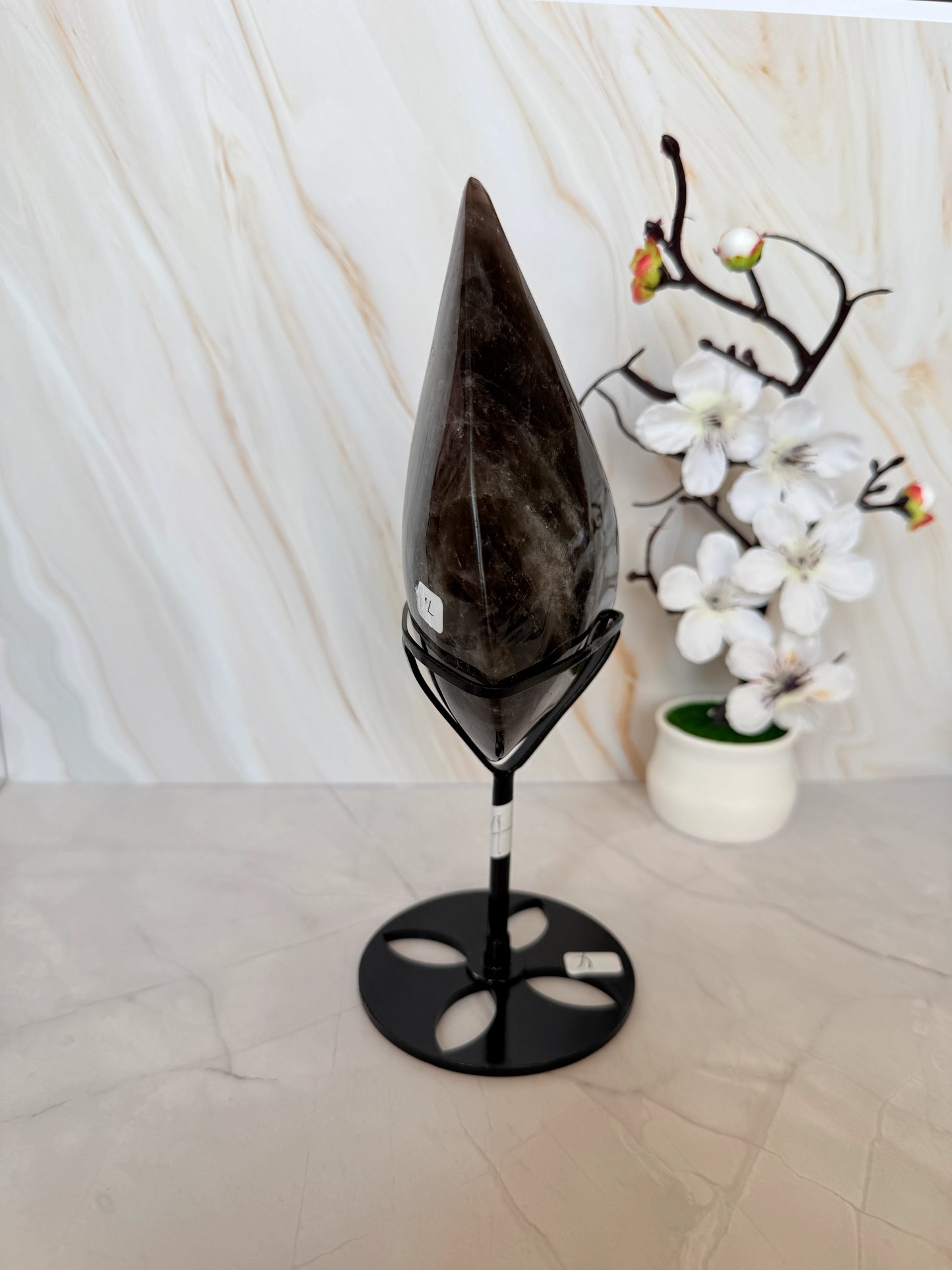 3D Smoky Quartz Flame on Stand | Deep Smoky Charcoal Crystal Carving | 21cm