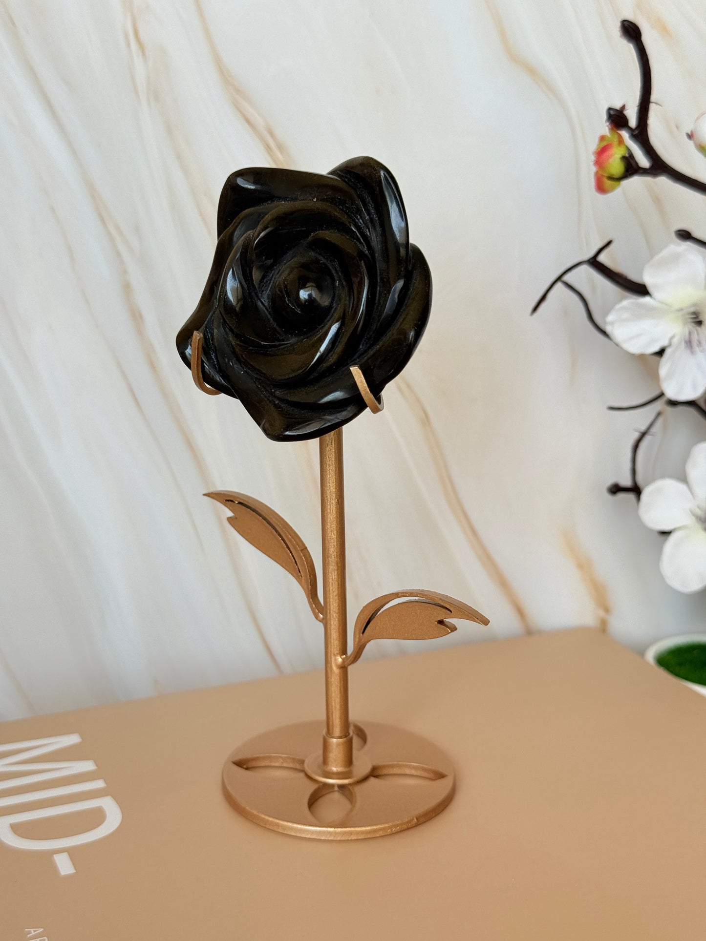 Crystal Rose Flower on Gold Stand | Natural Gemstone | 15.5cm | Choose Your Stone