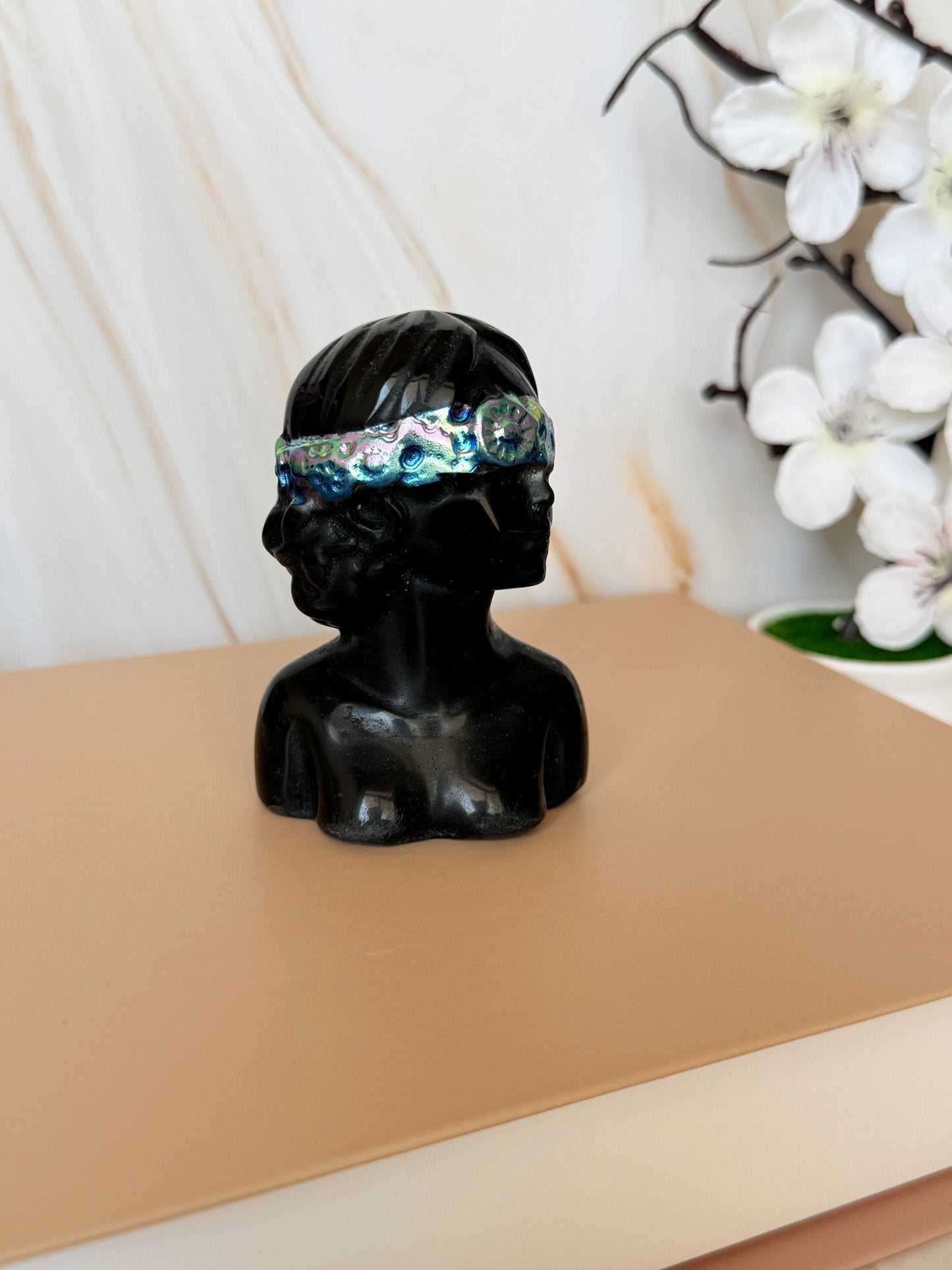 Black Obsidian Lady Bust Carving | Aura Coated Blindfold | Polished | 7.5cm | China