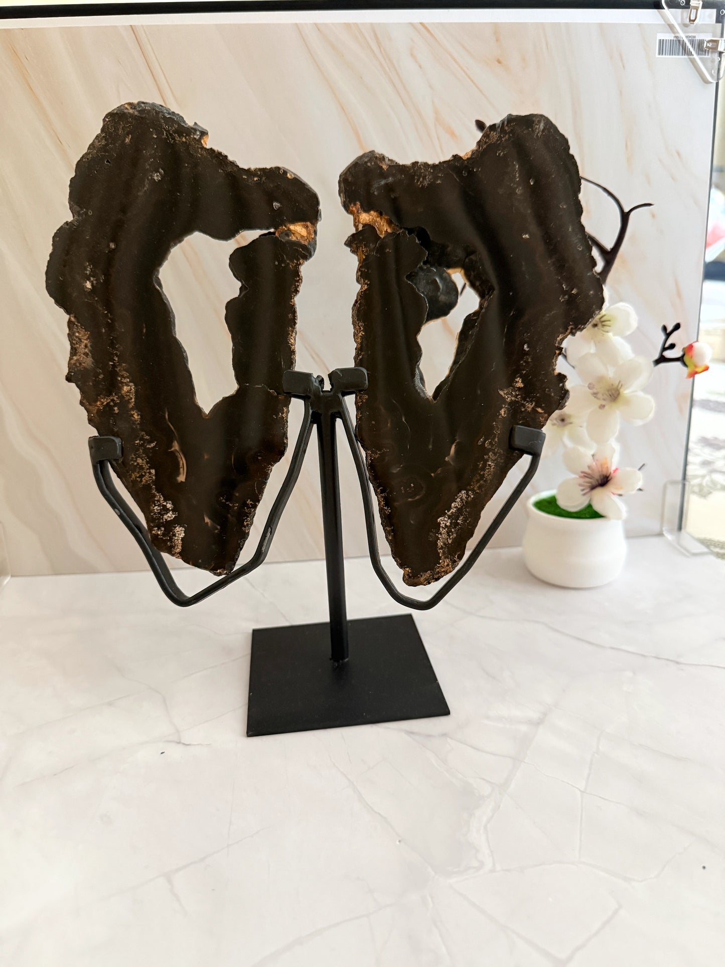 Black Agate Butterfly Wings on Stand | Natural Slices | One of a Kind | 26.5cm | Brazil