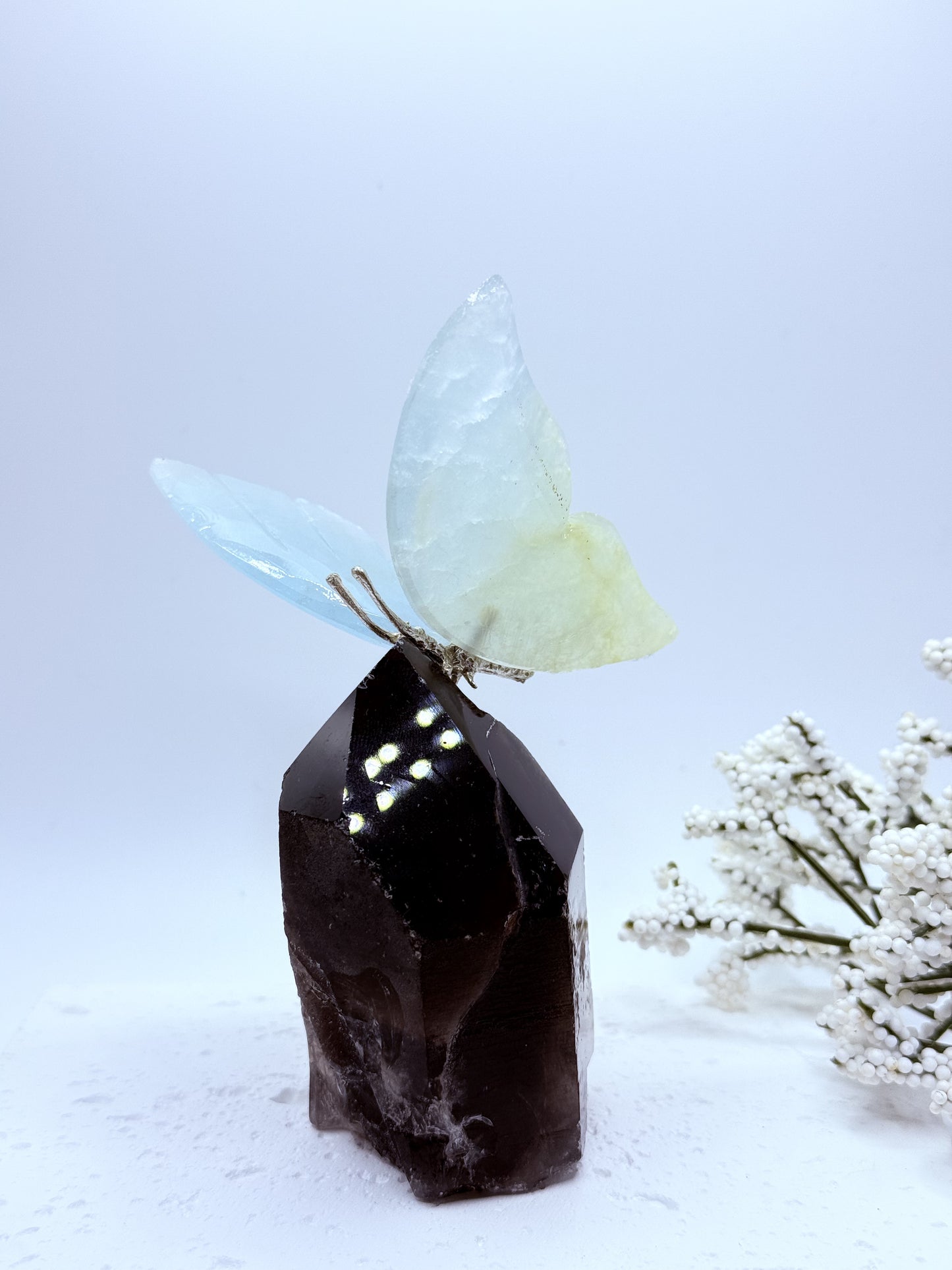 Pistachio Calcite Butterfly on Smokey Quartz Point