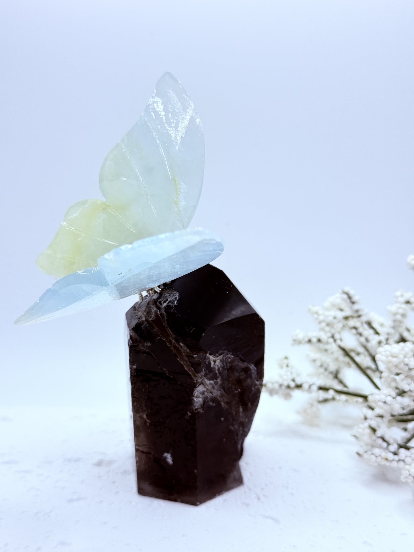 Pistachio Calcite Butterfly on Smokey Quartz Point