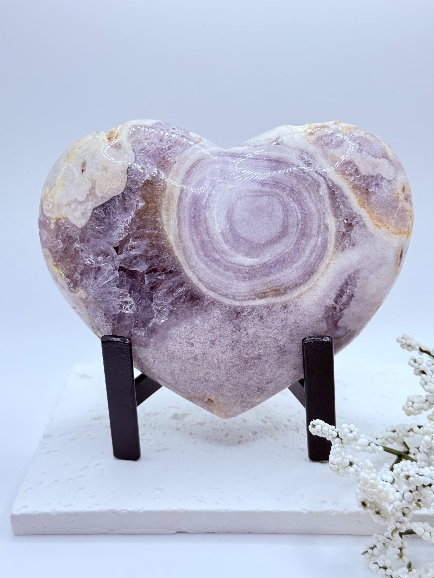 Amethyst & Flower Agate Heart Carving