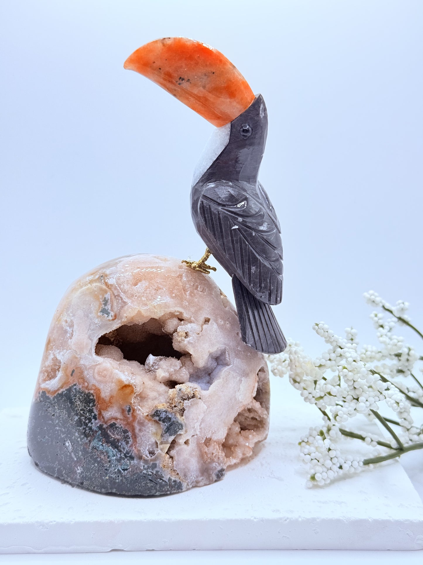 Toucan Carving on Pink Amethyst Cut Base – Tropical Charm Meets Tranquil Energy