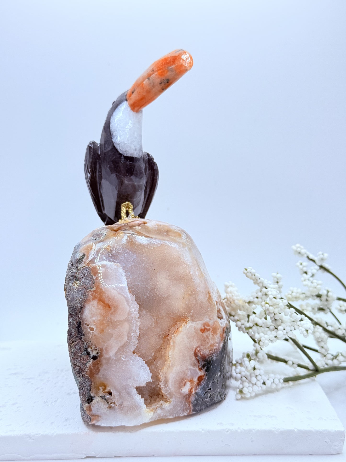 Toucan Carving on Pink Amethyst Cut Base – Tropical Charm Meets Tranquil Energy