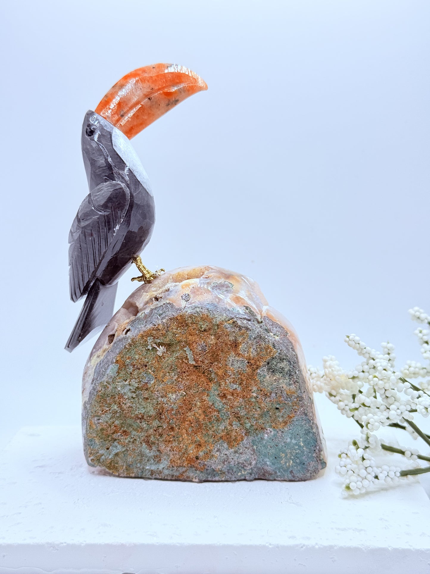 Toucan Carving on Pink Amethyst Cut Base – Tropical Charm Meets Tranquil Energy