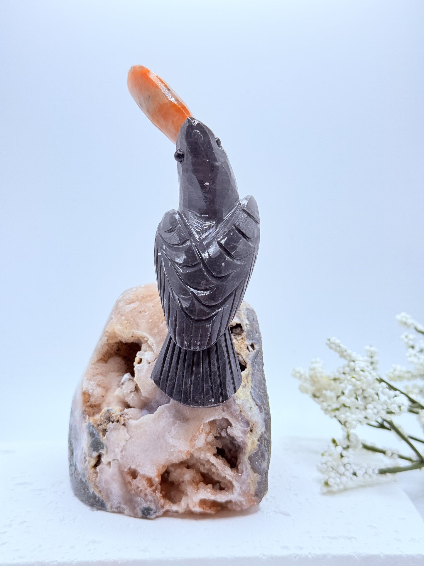 Toucan Carving on Pink Amethyst Cut Base – Tropical Charm Meets Tranquil Energy