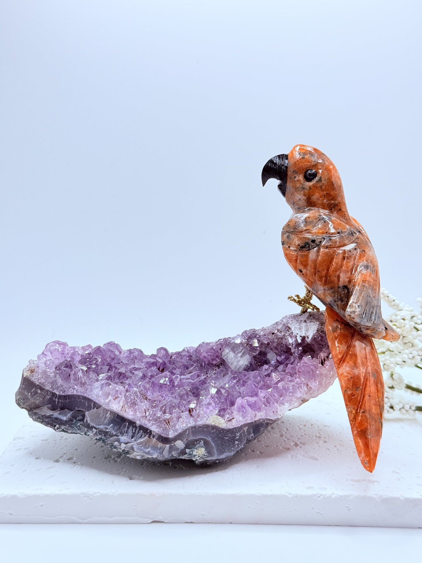 Sunstone Bird on Raw Amethyst Cluster