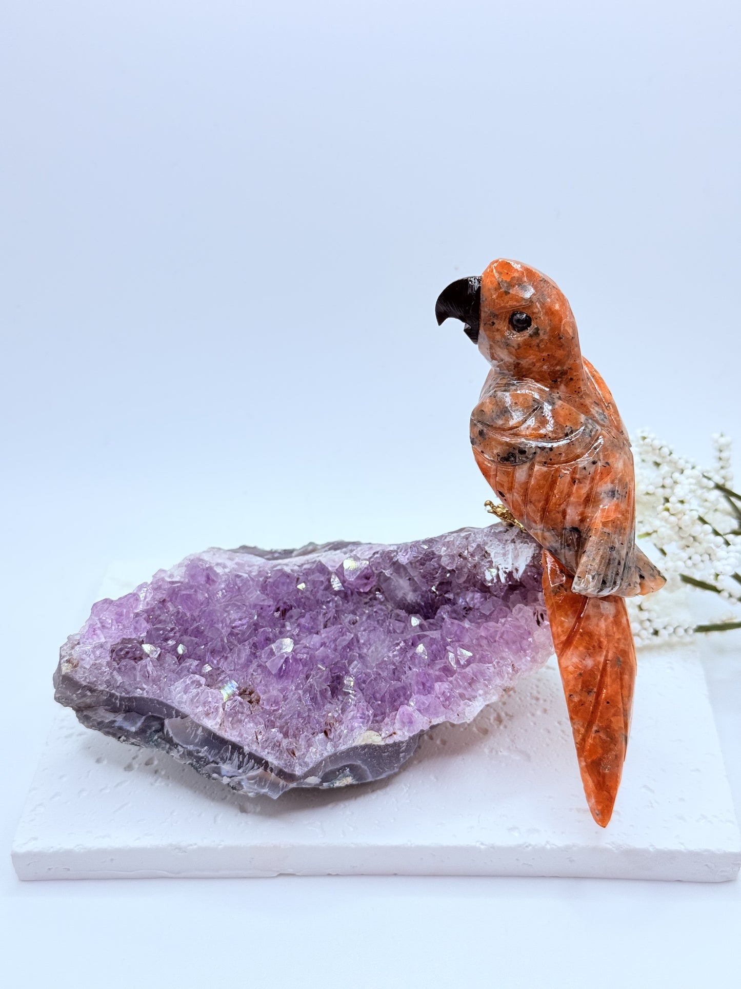 Sunstone Bird on Raw Amethyst Cluster