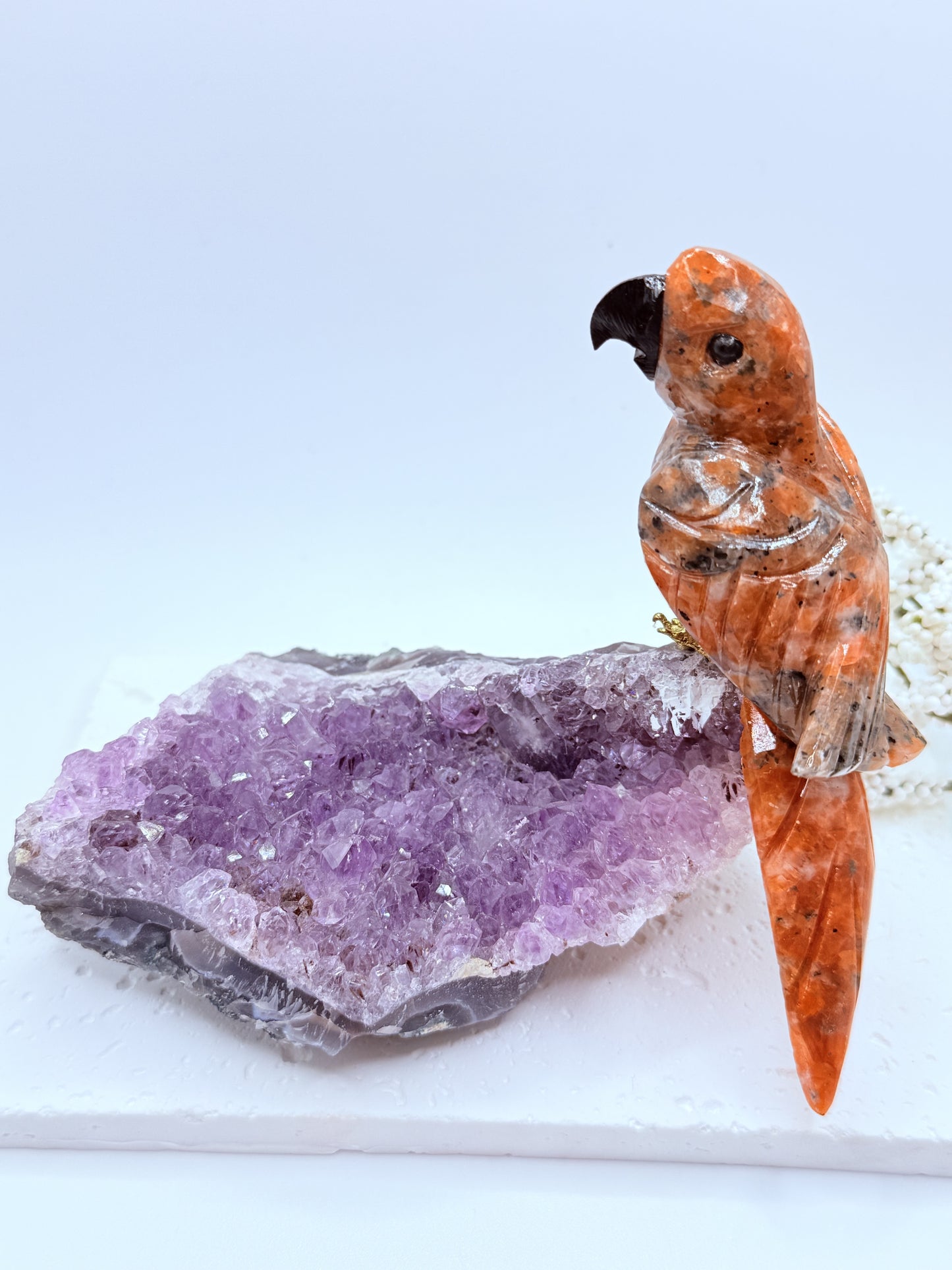 Sunstone Bird on Raw Amethyst Cluster