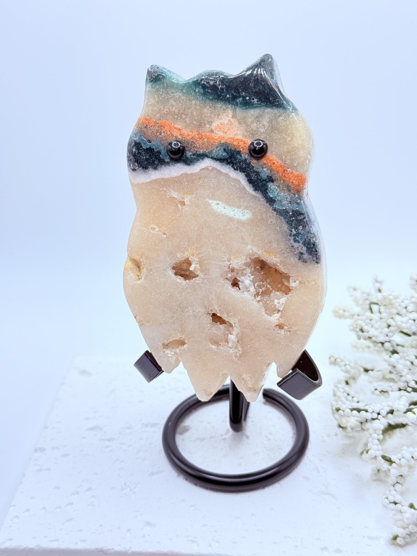 Pink Amethyst & Jasper Owl Carving