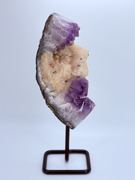 Moon Amethyst Cluster with Calcite on Stand – Raw Brazilian Amethyst & Calcite Crystal for Intuition, Peace & Protection | Handpicked Moon-Shaped Cluster Display