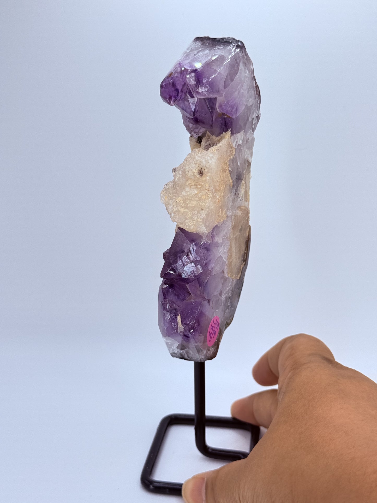 Moon Amethyst Cluster with Calcite on Stand – Raw Brazilian Amethyst & Calcite Crystal for Intuition, Peace & Protection | Handpicked Moon-Shaped Cluster Display