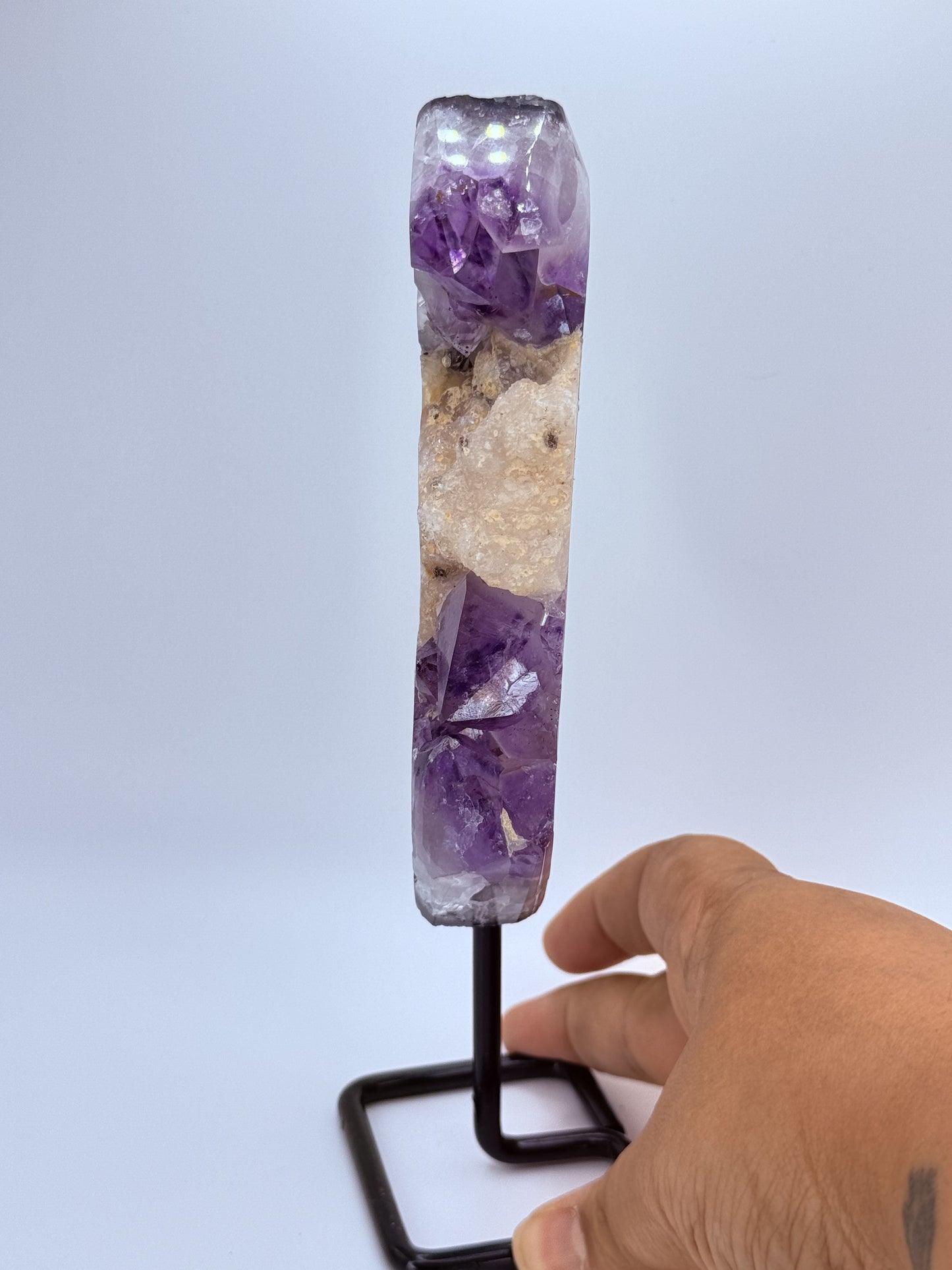 Moon Amethyst Cluster with Calcite on Stand – Raw Brazilian Amethyst & Calcite Crystal for Intuition, Peace & Protection | Handpicked Moon-Shaped Cluster Display