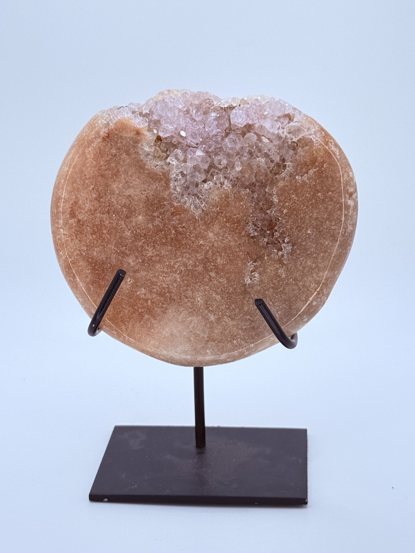 Pink Amethyst Disc on Stand – Round Druzy Crystal Display for Love, Calm & Harmony | Handpicked Natural Pink Amethyst with Sparkling Druzy Pocket