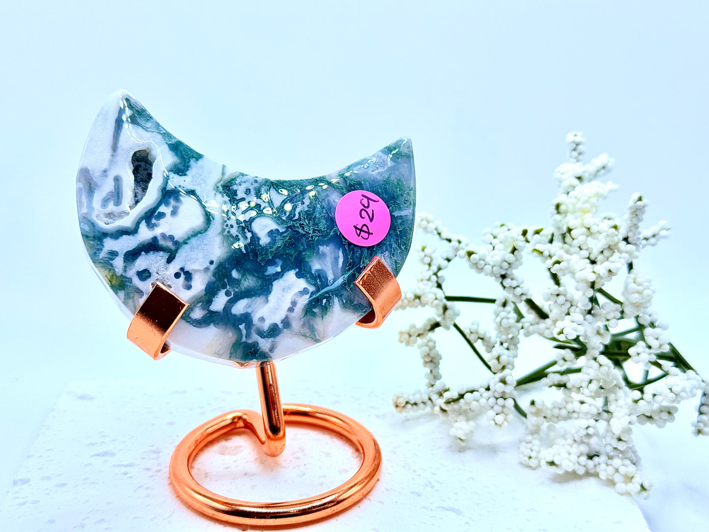 Moss Agate Moon Carving