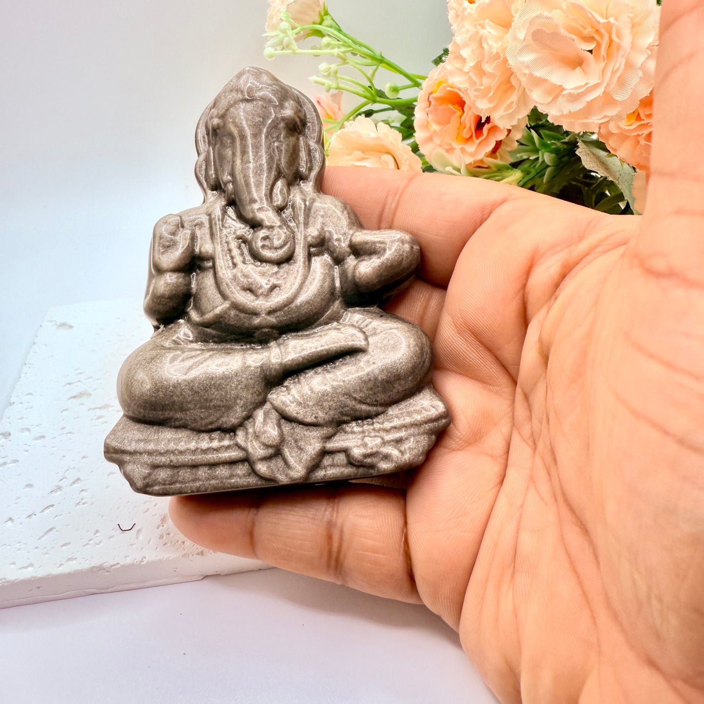 Silver Obsidian Ganesha Carving