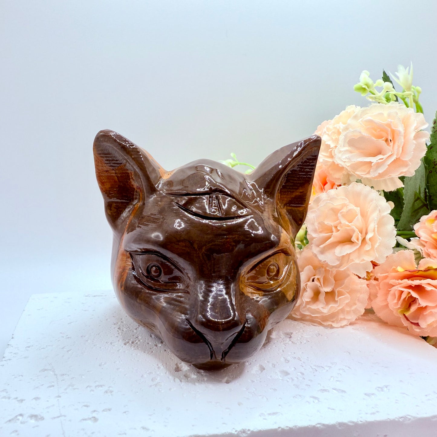 Jasper Luna Cat Carving in Brown