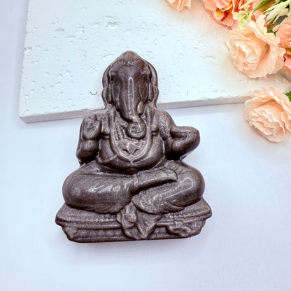 Silver Obsidian Ganesha Carving