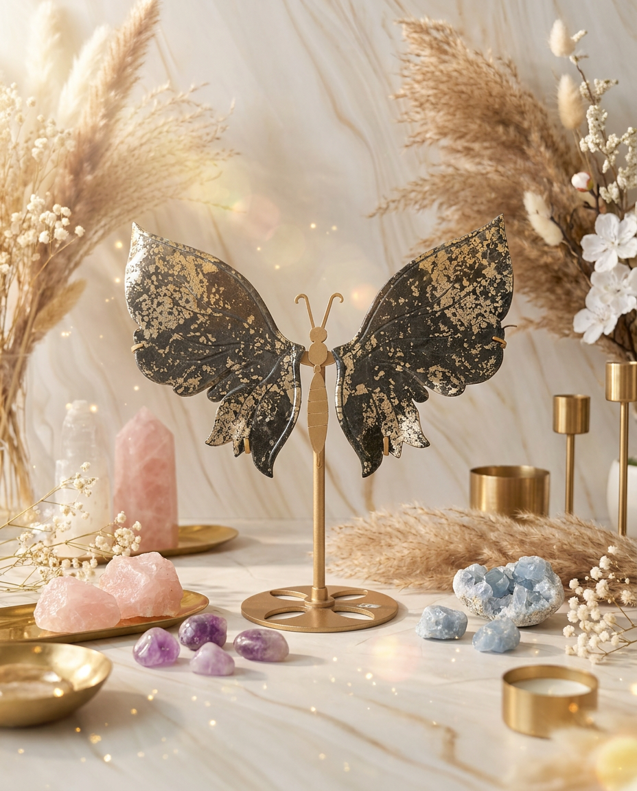 Natural Pyrite Butterfly Sculpture on Gold Stand | Fool's Gold Home Décor | Crystal Art