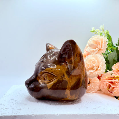 Jasper Luna Cat Carving in Brown