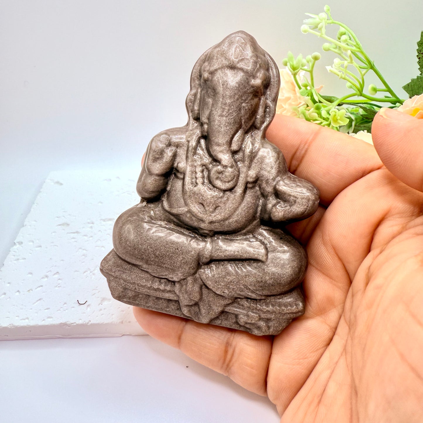 Silver Obsidian Ganesha Carving