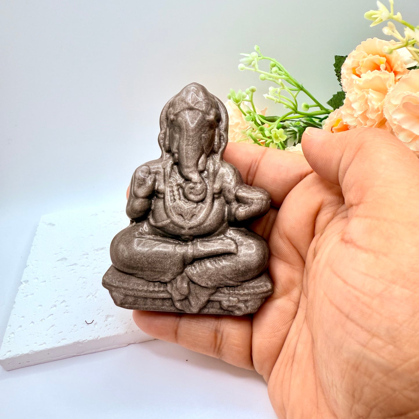 Silver Obsidian Ganesha Carving