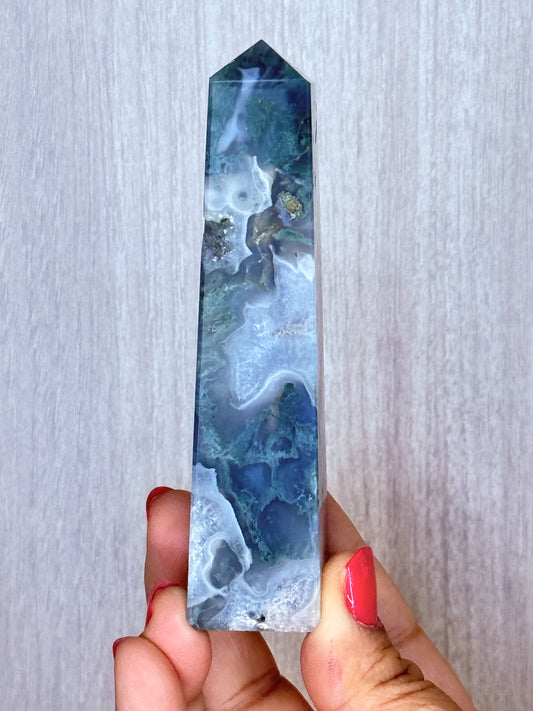 Moss Agate Obelisk – Polished Chalcedony Tower | Handpicked Growth & Grounding Crystal