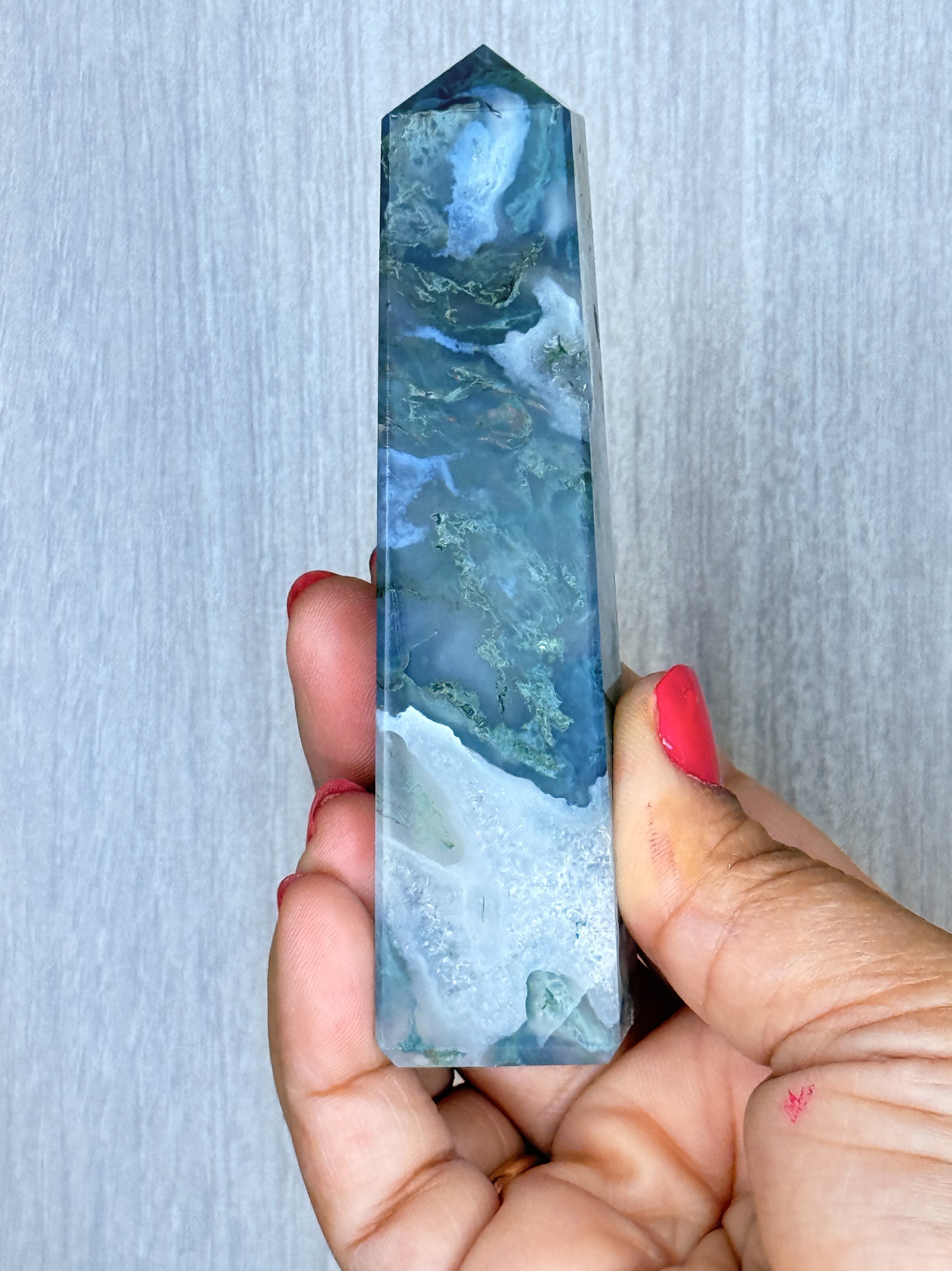 Moss Agate Obelisk – Polished Chalcedony Tower | Handpicked Growth & Grounding Crystal - Auralis Crystals