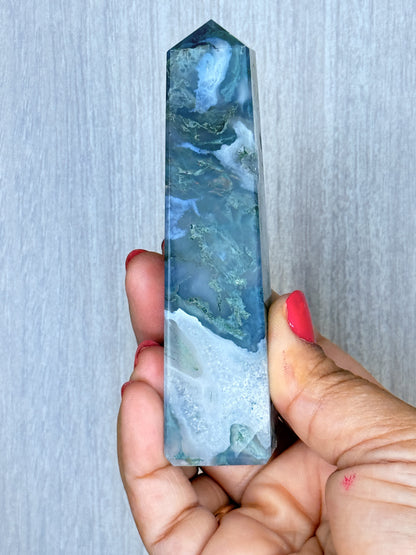 Moss Agate Obelisk – Polished Chalcedony Tower | Handpicked Growth & Grounding Crystal - Auralis Crystals