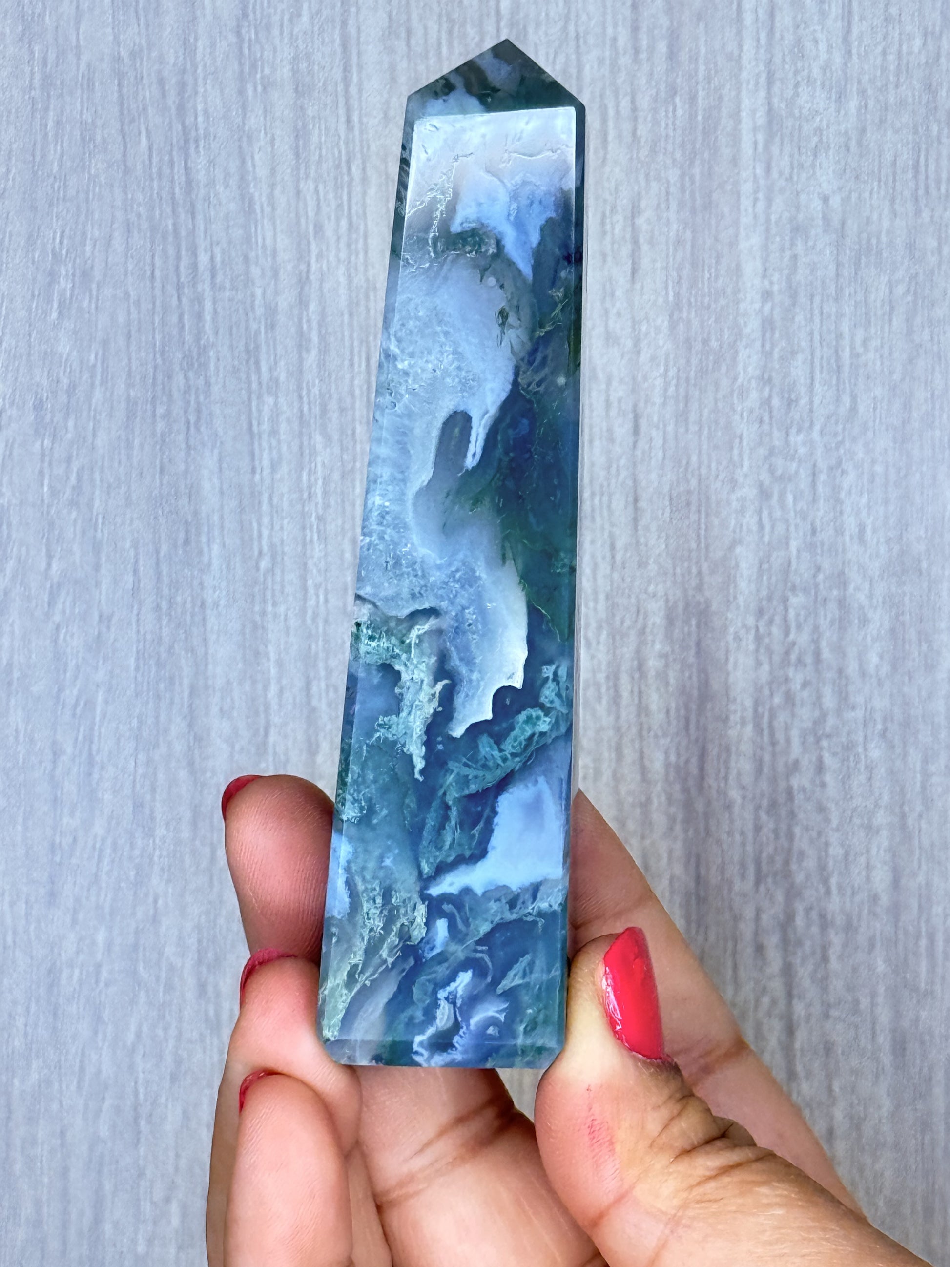 Moss Agate Obelisk – Polished Chalcedony Tower | Handpicked Growth & Grounding Crystal - Auralis Crystals