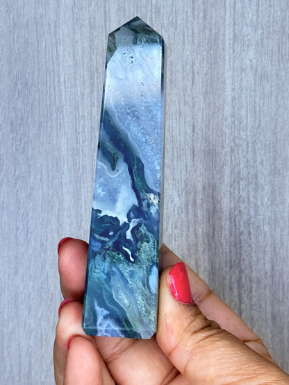 Moss Agate Obelisk – Polished Chalcedony Tower | Handpicked Growth & Grounding Crystal - Auralis Crystals