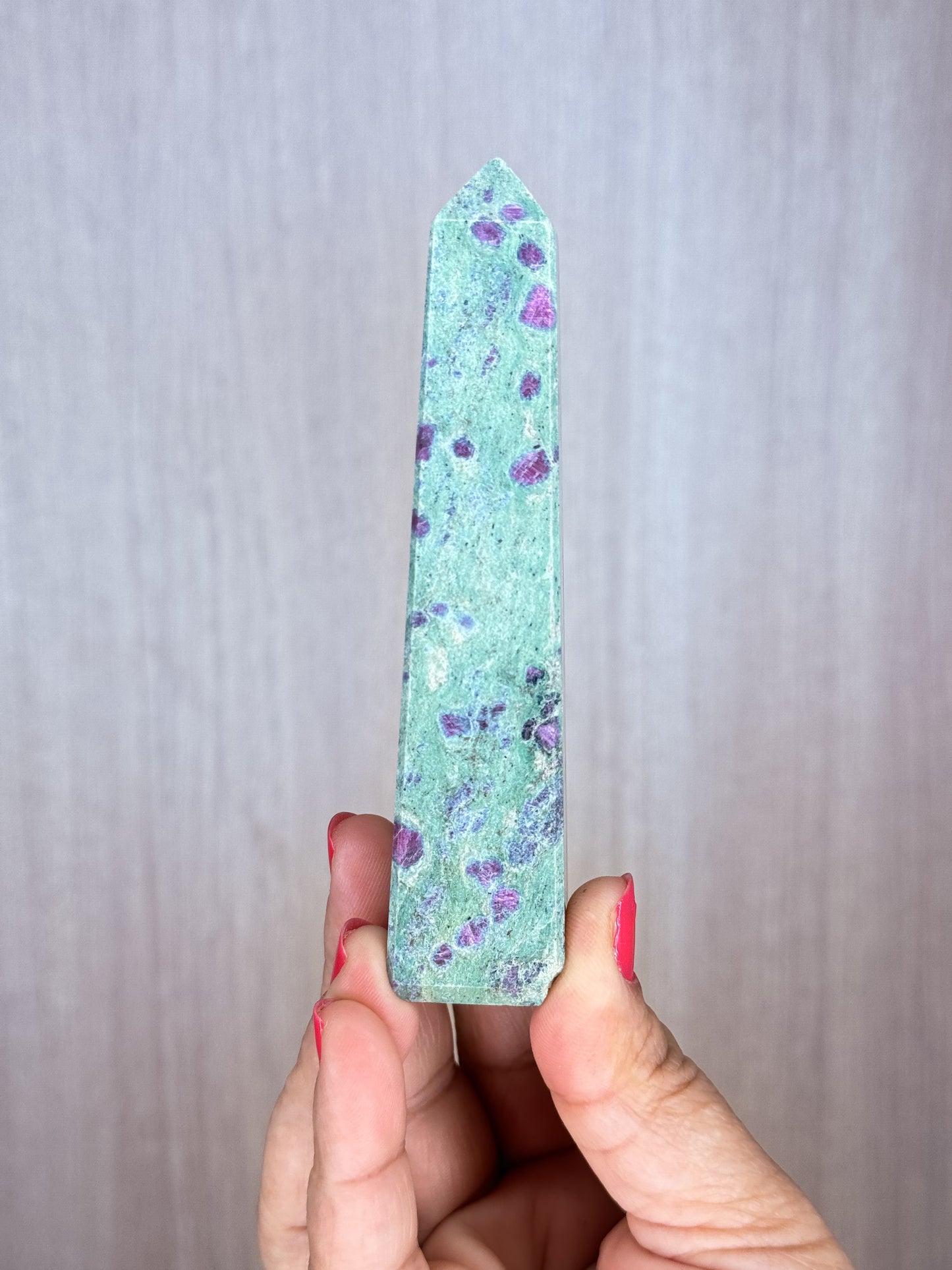 Ruby in Fuchsite Obelisk – UV Reactive Crystal Tower | Handpicked Natural Corundum in Green Fuchsite
